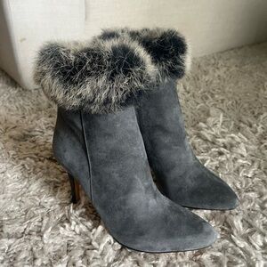 Antonio Melani Gray Suede Rabbit Fur-Trimmed Ankle Boots